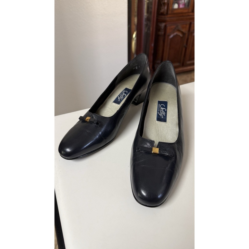Vtg Selby Comfort Flex Pumps Women 10 Black Leather Bow Low Heel Career Shoes